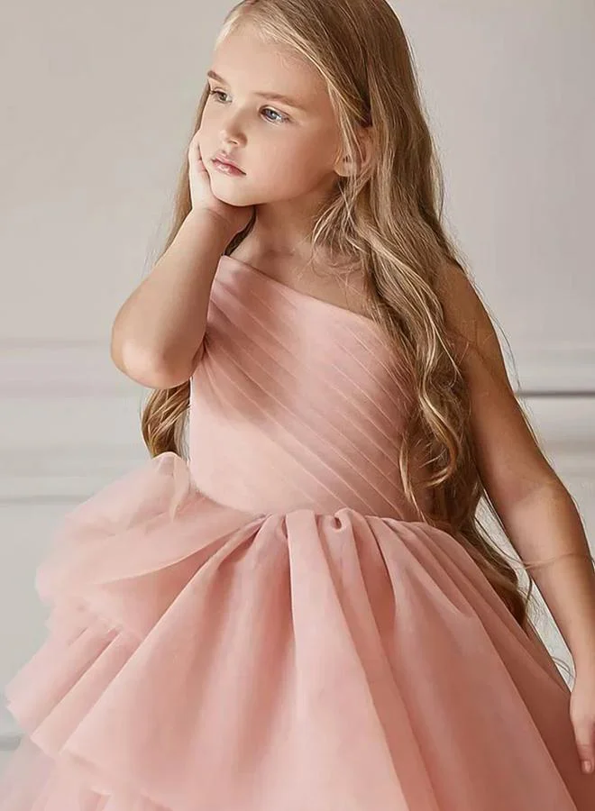 Take Two Girls Pink Ruffle Detail One Shoulder Maxi Dress